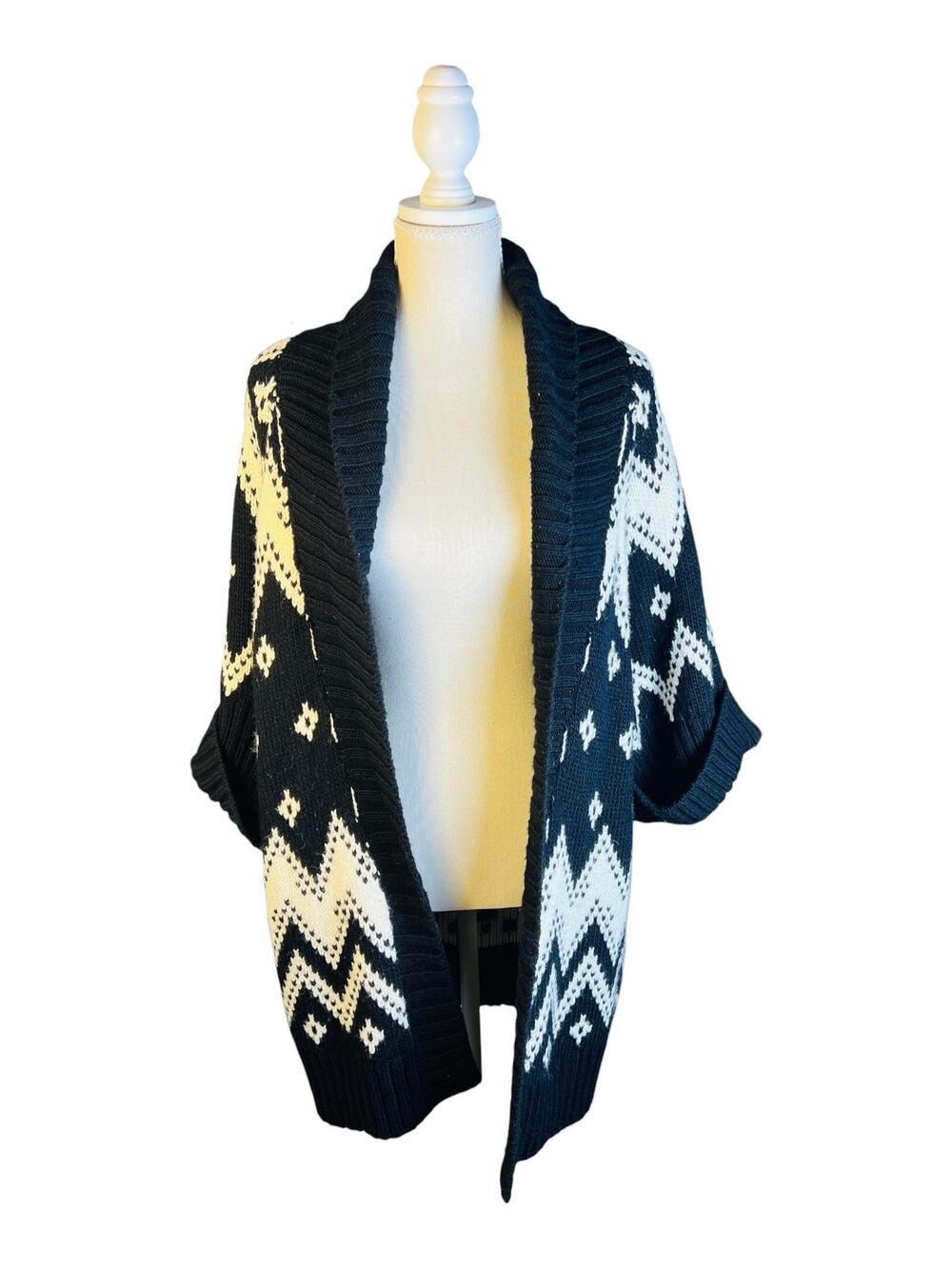 Express Black Cream Fair Isle Alpaca Wool Blend Longline Cardigan Sweater L